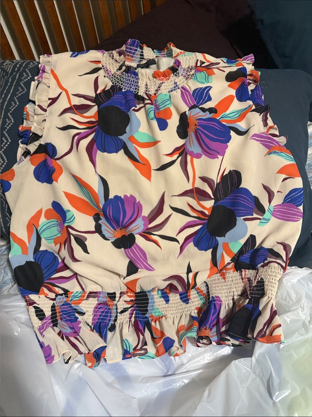 J. Crew Cream Floral Smocked Neck Sleeveless Blouse with Purple & Orange Blooms